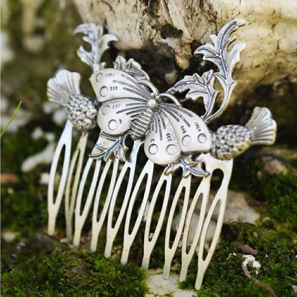 Gothic, Cottagecore Moth Floral Hair Comb, Silver Tone, Engraved Detailing,